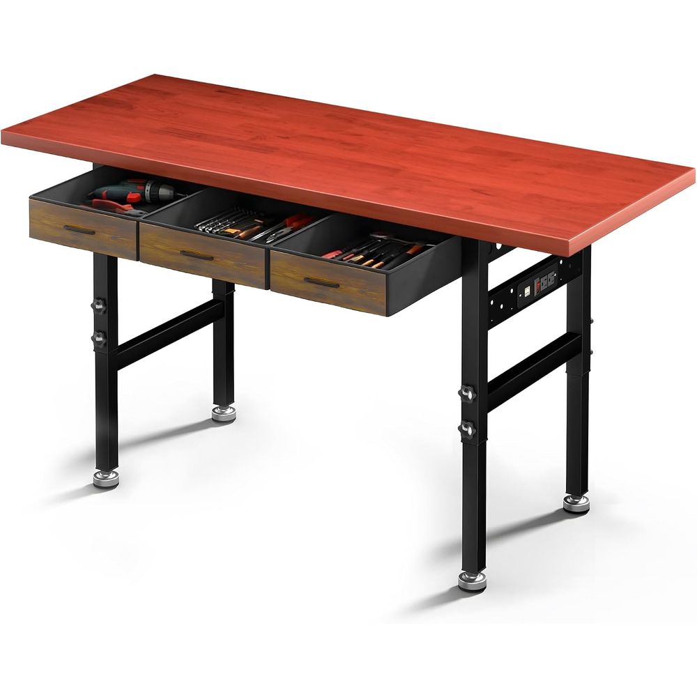 Workbench Woodworking - โต๊ะทำงานปรับระดับความสูงได้ 60 นิ้ว พร้อมลิ้นชัก ปลั๊กไฟฟ้า ท็อปไม้ยาง