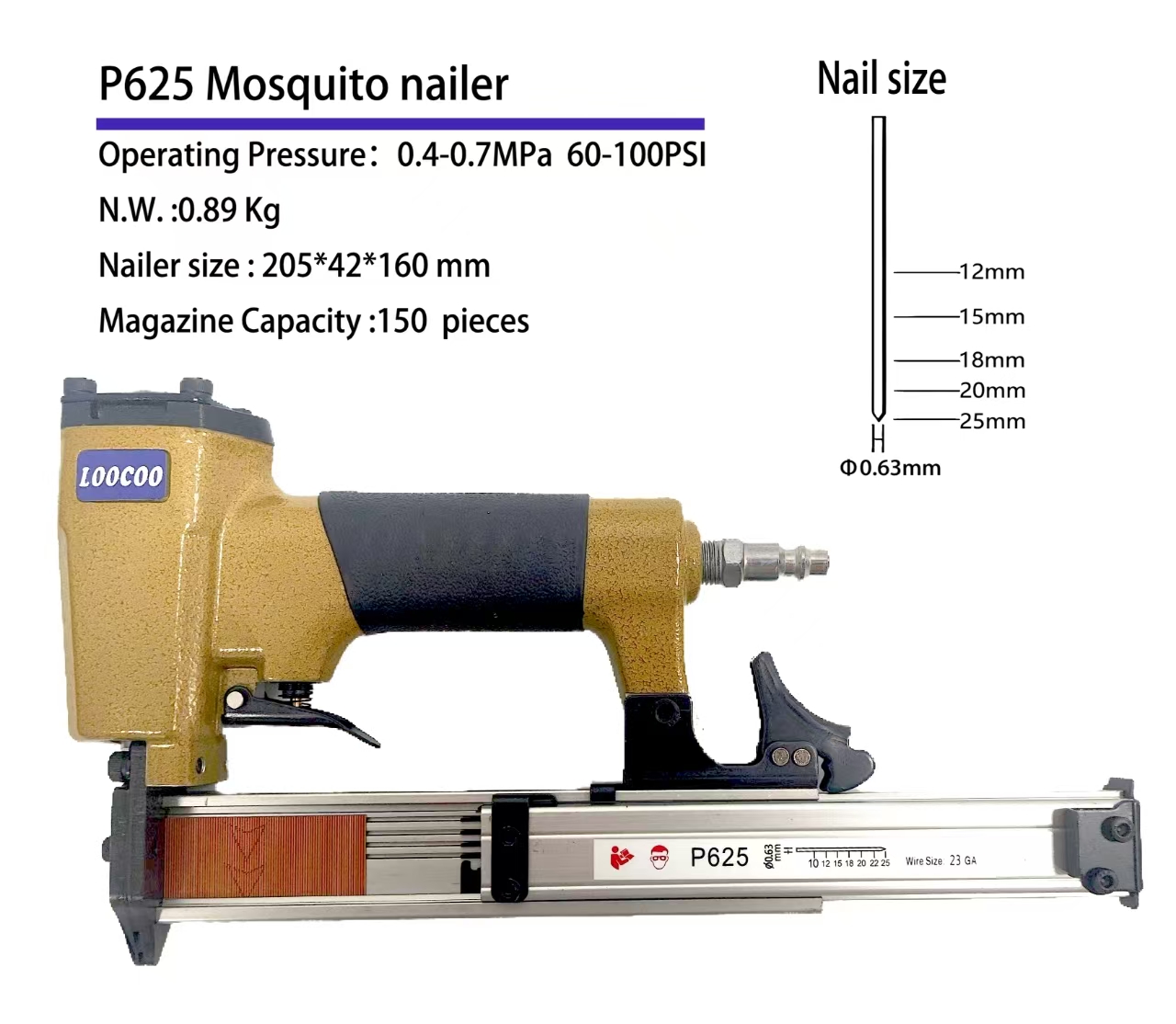 Woodworking Nail Gun - ปืนยิงตะปูลม P625 23Ga ขนาดเล็ก สำหรับติดตั้งเฟอร์นิเจอร์ แผ่นไม้