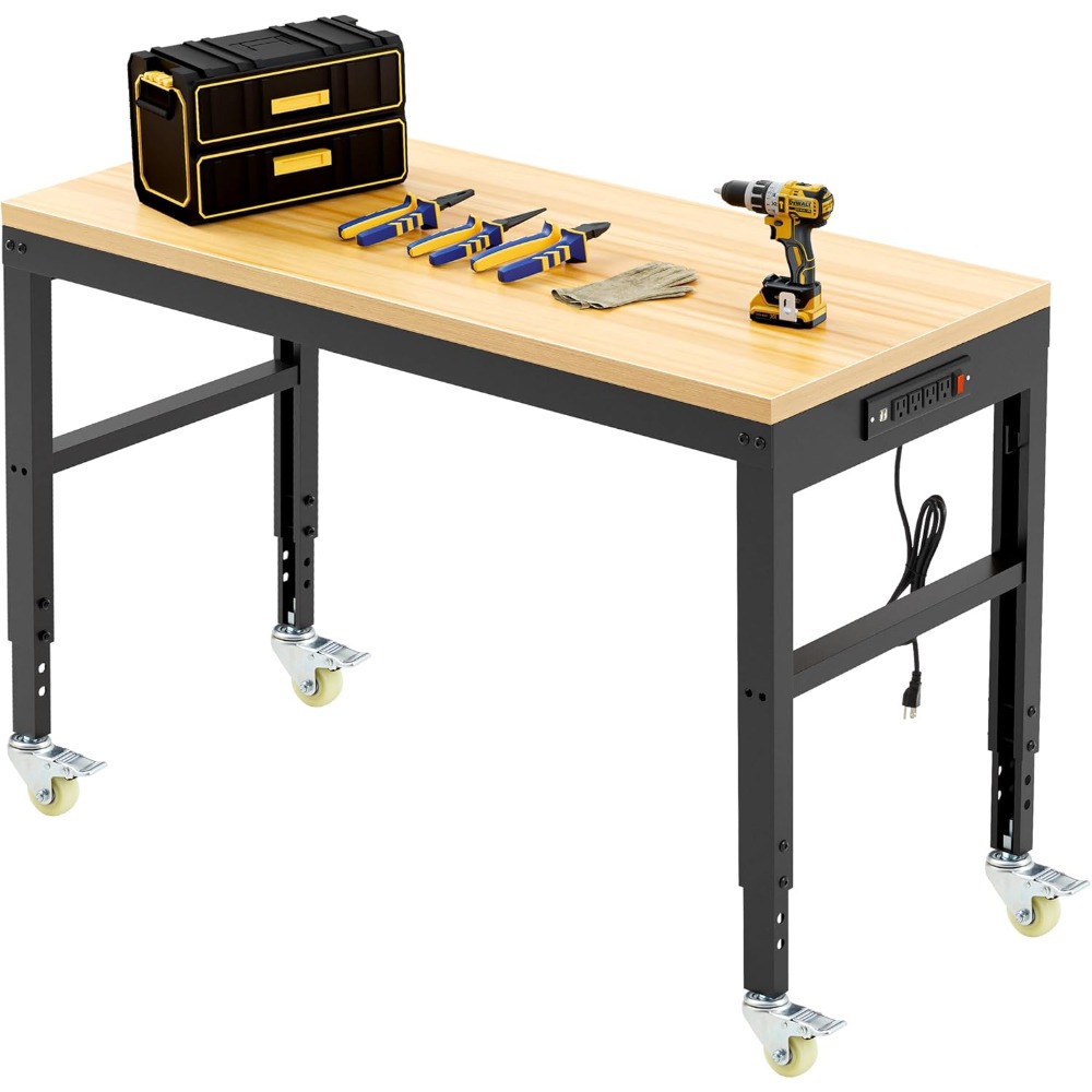 Workbench Woodworking - โต๊ะทำงานปรับระดับได้, โต๊ะทำงานไม้สำหรับงานหนัก รับน้ำหนักได้ 2000 ปอนด์, โต๊ะทำงานพร้อมปลั๊กไฟและล้อสำหรับโรงรถ
