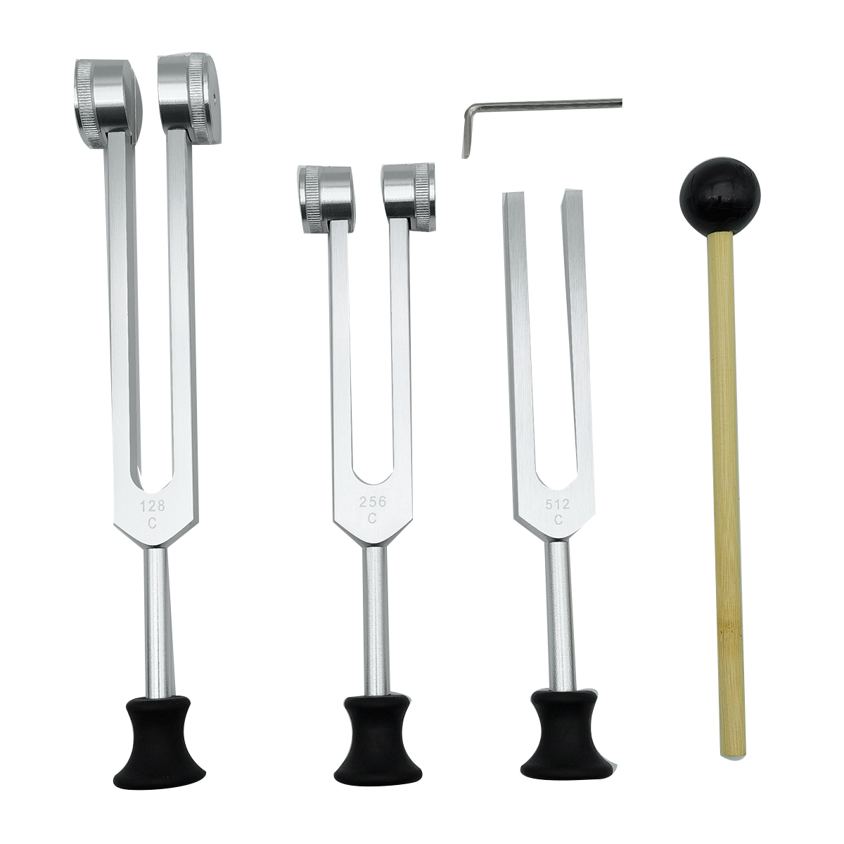 Woodworking Hammer - ชุดส้อมเสียง4แพ็ค (128Hz, 256Hz, 512Hz) พร้อมค้อนส้อมเสียงสำหรับเครื่องมือการสั่นสะเทือนเสียงพร้อมฐานเงิน