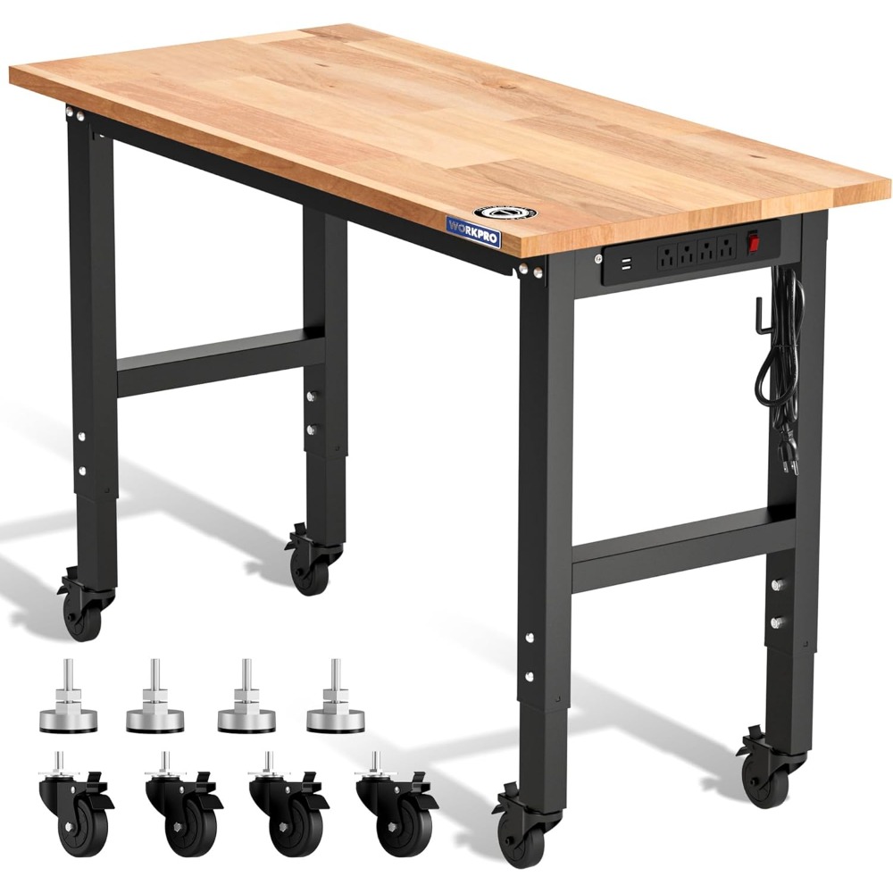 Workbench Woodworking - โต๊ะทำงานในโรงรถ, โต๊ะทำงานปรับระดับได้ขนาด 48x22 นิ้ว พร้อมล้อและขาปรับระดับ, โต๊ะทำงานหน้าไม้ยางพาราพร้อมเต้ารับไฟฟ้า