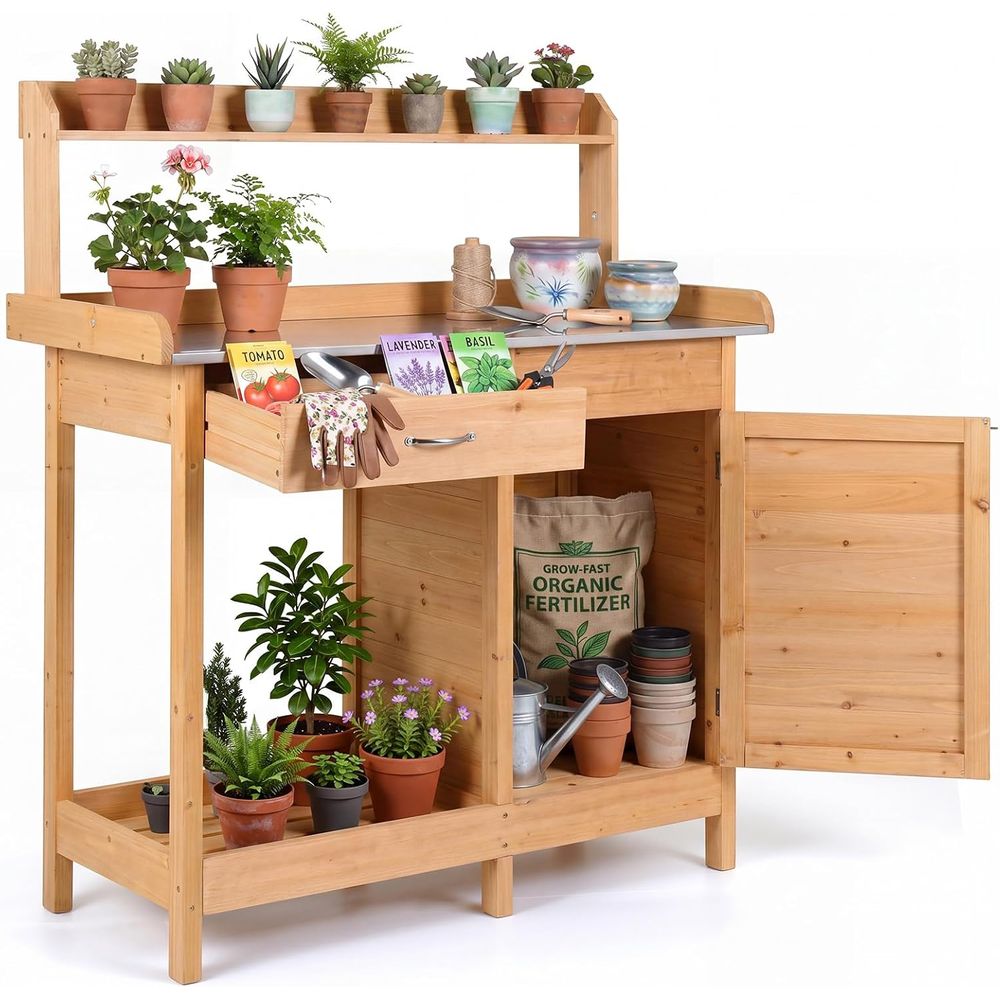 Workbench Woodworking - โต๊ะทำงานในสวนกลางแจ้งพร้อมตู้เก็บของ ชั้นวางของแบบเปิด ตะขอเกี่ยวข้าง ท็อปโต๊ะโลหะสำหรับทำสวน