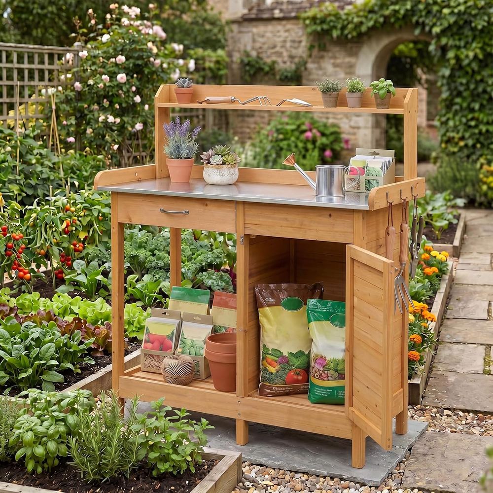 โต๊ะทำงานในสวนกลางแจ้งพร้อมตู้ - Workbench Woodworking บทวิจารณ์และราคา